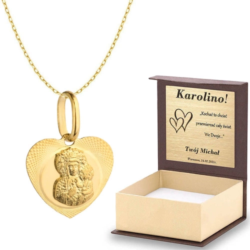 Złoty komplet 585 Ankier Medalik Matka Boska Częstochowska pudełko z dedykacją i torebka