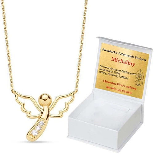 Złoty naszyjnik 585 aniołek z cyrkoniami pudełko z dedykacją